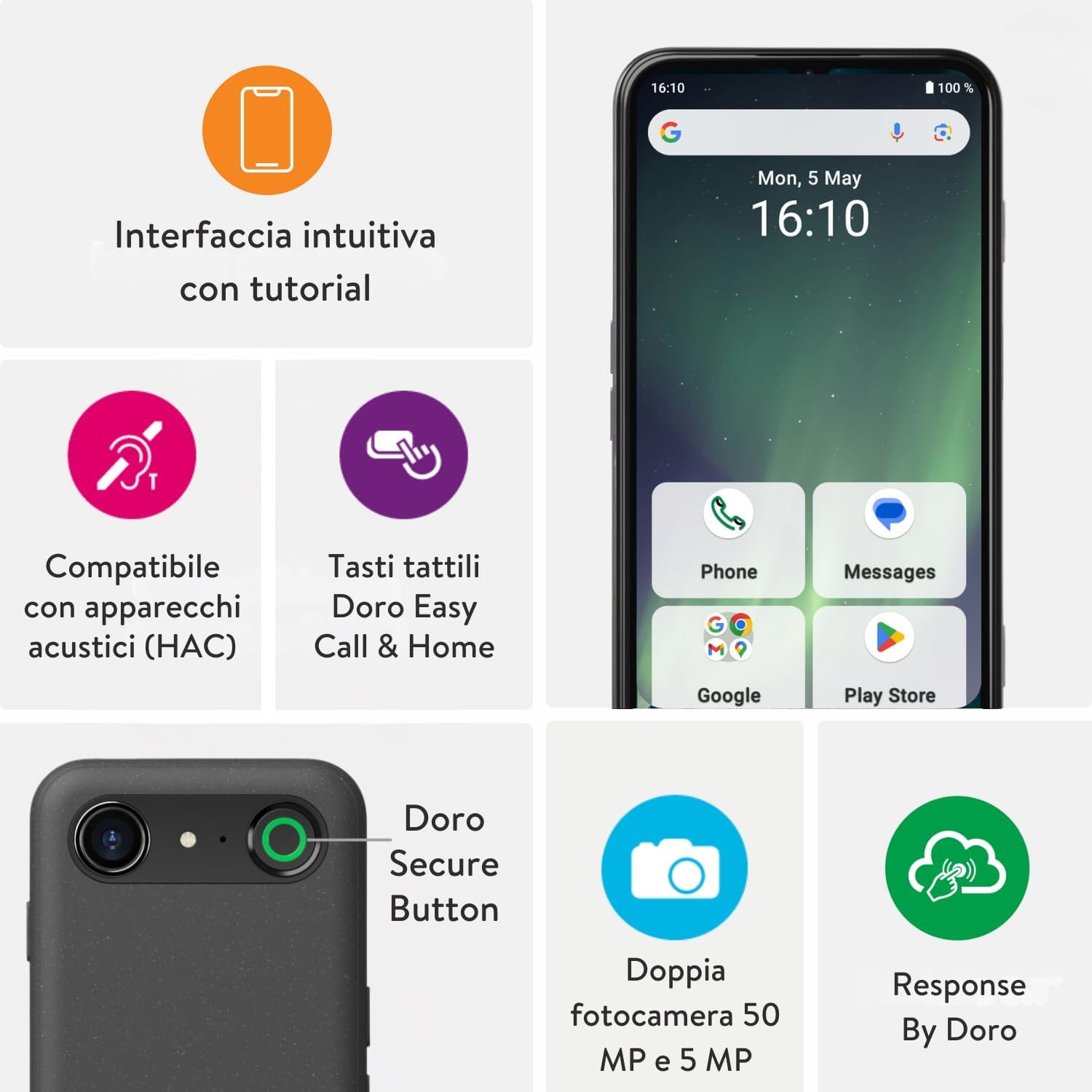 Detalle de Doro Aurora A30: telefono cellulare senior con assistenza GPS e suono chiaro