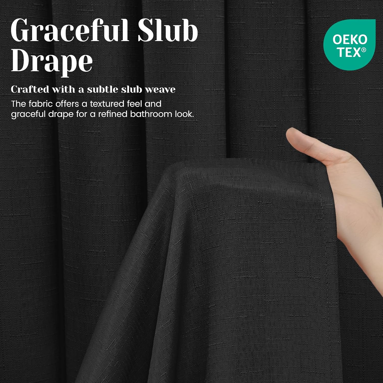 Detalle de SORTTO No Hook Slub Textured Shower Curtain with Snap in Liner — Black Fabric Outer Curtain + Waterproof Inner Liner (71x74 in)