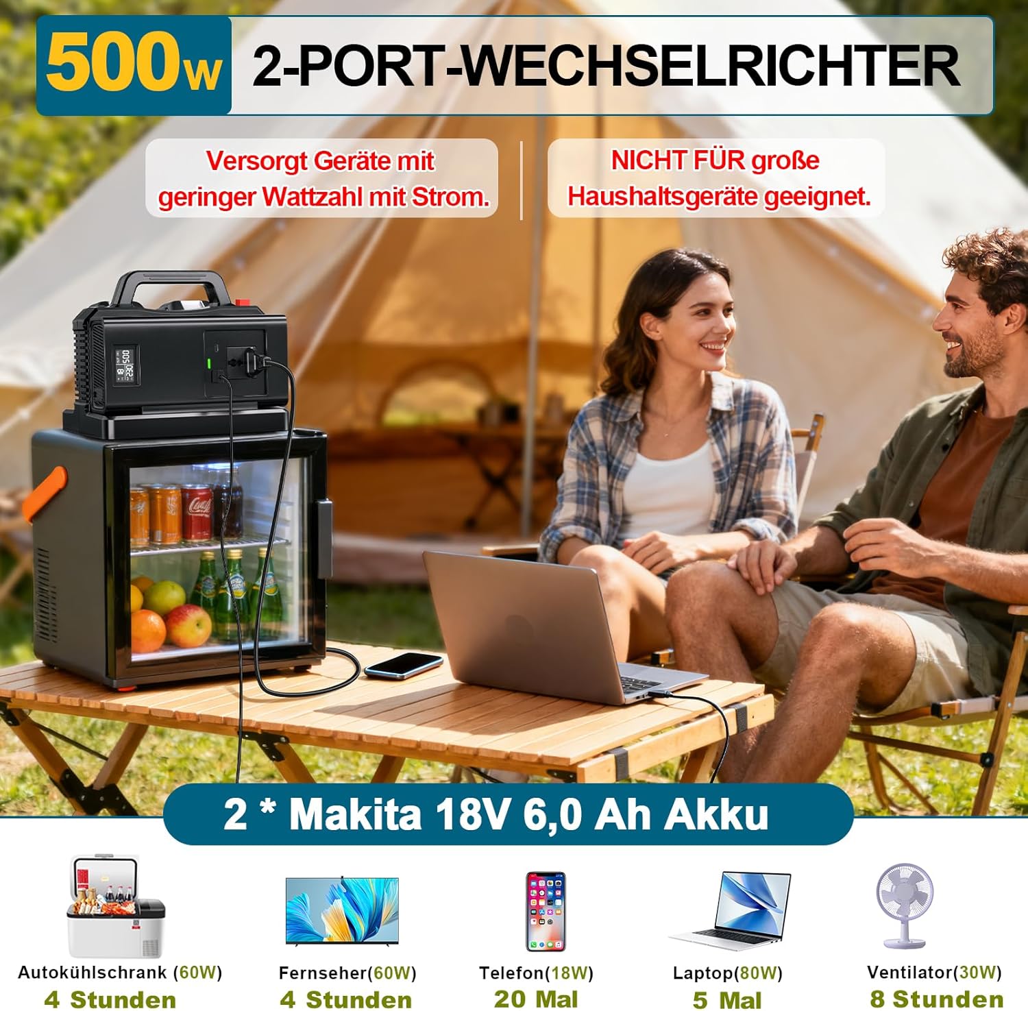 Thumbnail 3 de 2-in-1 Wechselrichter Ladegerät für Makita 18V Akku, 500W – Tragbarer DC-AC Konverter mit USB-Ports
