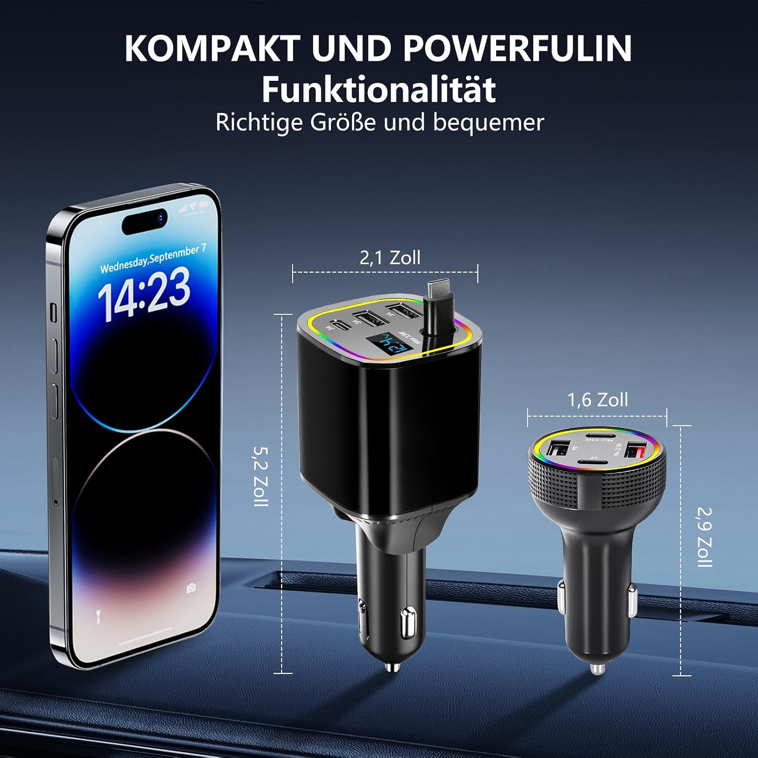 Detalle 2 de Austepax CR02+CR01 4-in-1 Car Charger Set, 78W Retractable USB-C Cable