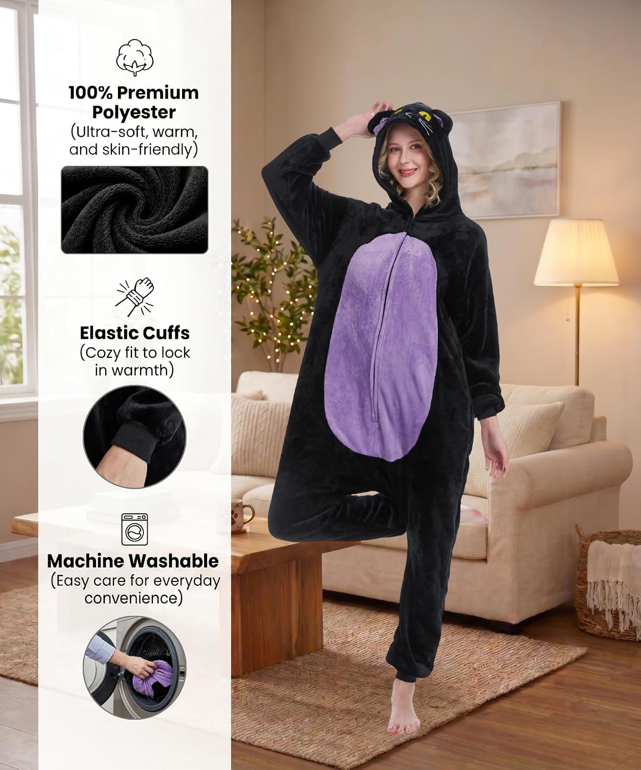 Detalle 1 de Solvienne Adult Halloween Onesie, Plush Zip-Up Pajamas with Pockets