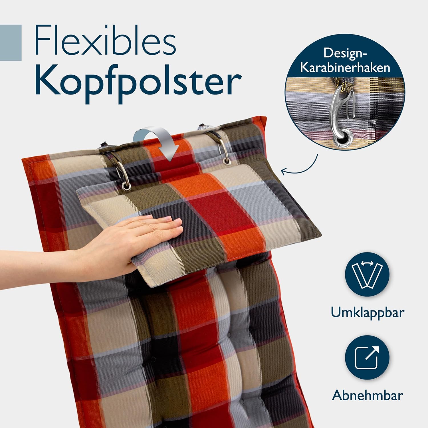 Detalle de Beautissu 5er Set Premium Hochlehner Auflagen mit Kopfpolstern, 120x50 cm, Orange Beige kariert