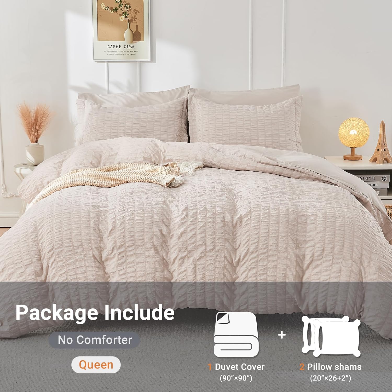 Detalle 2 de HYMOKEGE Beige Queen Duvet Cover Set (3-Piece) — Seersucker Microfiber with Zipper & 8 Corner Ties