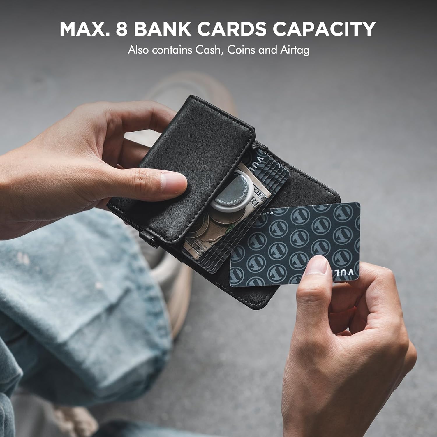 Thumbnail 1 de VULKIT Magnetic Card Case for Max. 8 Cards – Leather Phone Wallet for iPhone 12–17 Series (Black)