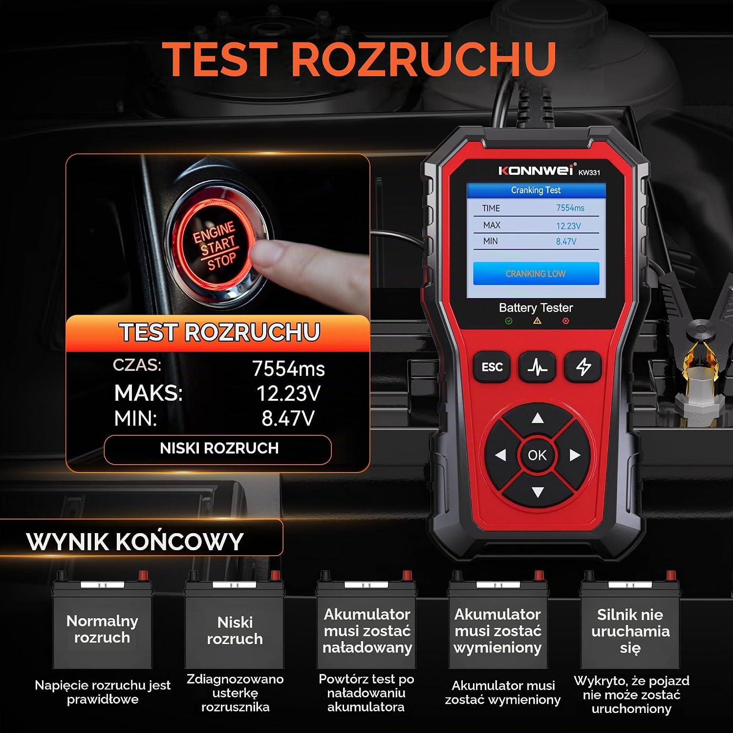 Detalle de KONNWEI KW331 tester akumulatorów 6 V, 12 V i 24 V, kolorowy ekran, drukowanie wyników