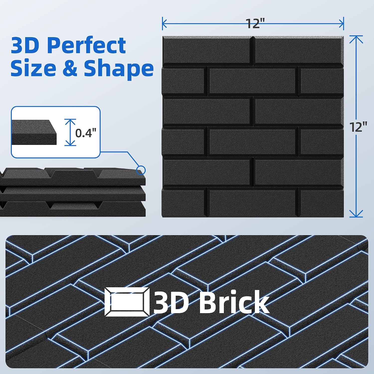 Detalle de NEPIS Brick-Black-12-1 Acoustic Panels, Self-Adhesive Polyester, 12-Pack