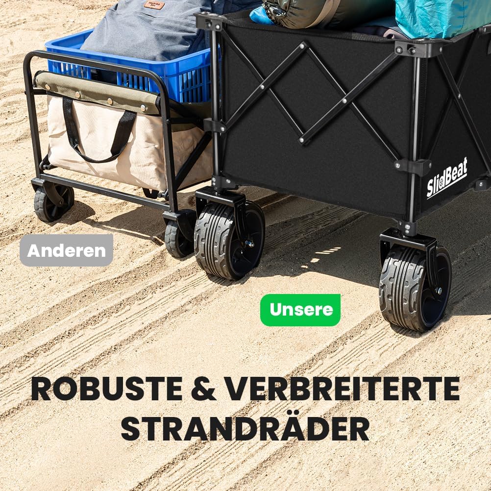 Detalle de SLIDBEAT XXXL Faltbarer Bollerwagen mit Bremsen – 300L, 226 kg Tragkraft, Große Räder