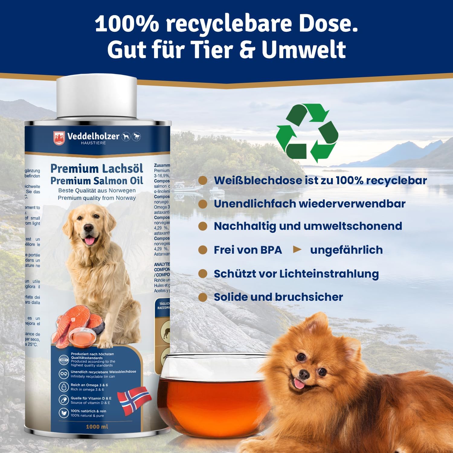 Thumbnail 2 de Veddelholzer Lachsöl für Hunde 1 Liter – Omega-3 & Vitamin E aus Norwegen, in recycelbarer Weißblechdose