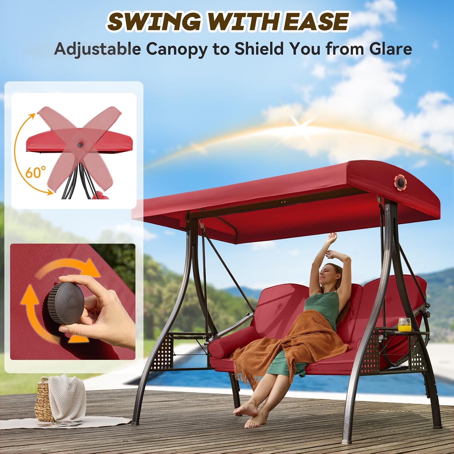 Detalle de Yalissey 3-Seat Porch Swing, Wine Red