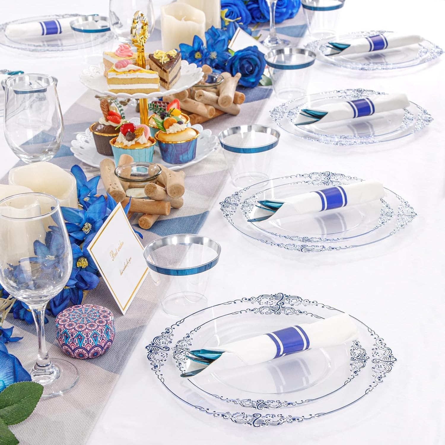 Detalle 2 de Hioasis 350pcs Clear Blue Plastic Plates — Elegant Disposable Dinnerware Set for 50 Guests