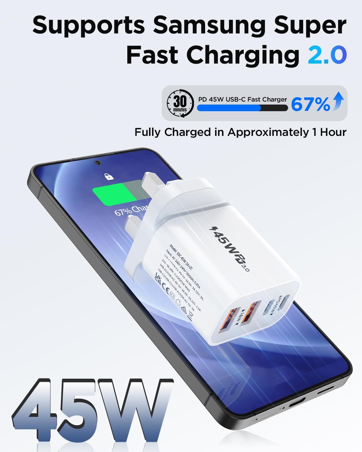 Detalle 2 de USB C Plug 45W Fast Charger Plug with UK USB Plug, 4-Port USB-C Charger – 20W Shared Output