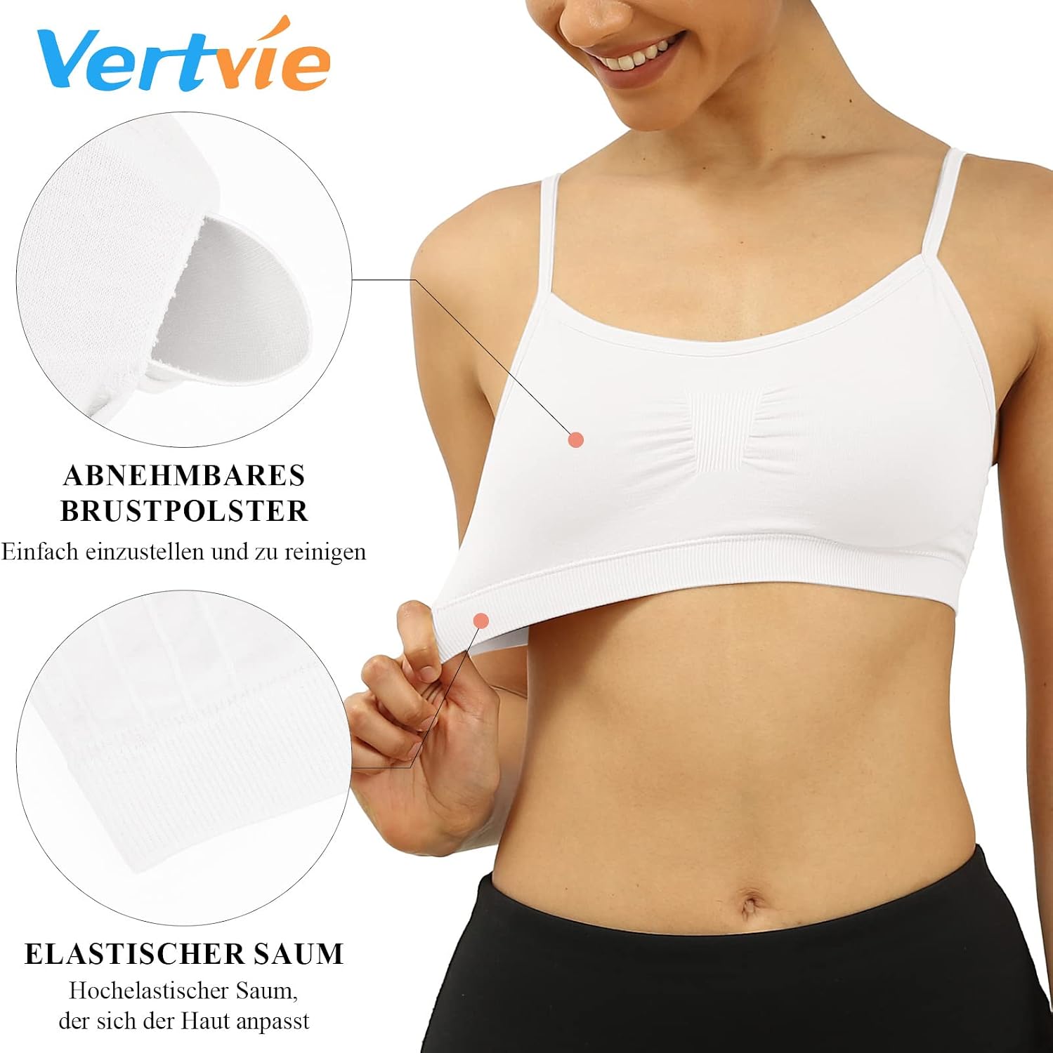 Detalle de Vertvie Damen Yoga-BH ohne Bügel mit herausnehmbaren Push-up-Polstern (2er/3er Pack)