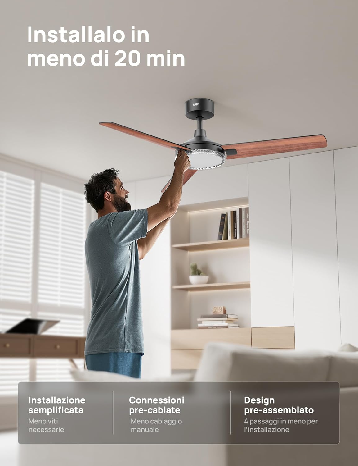 Detalle de DREO ventilatore da soffitto con luce e telecomando 132 cm – nero