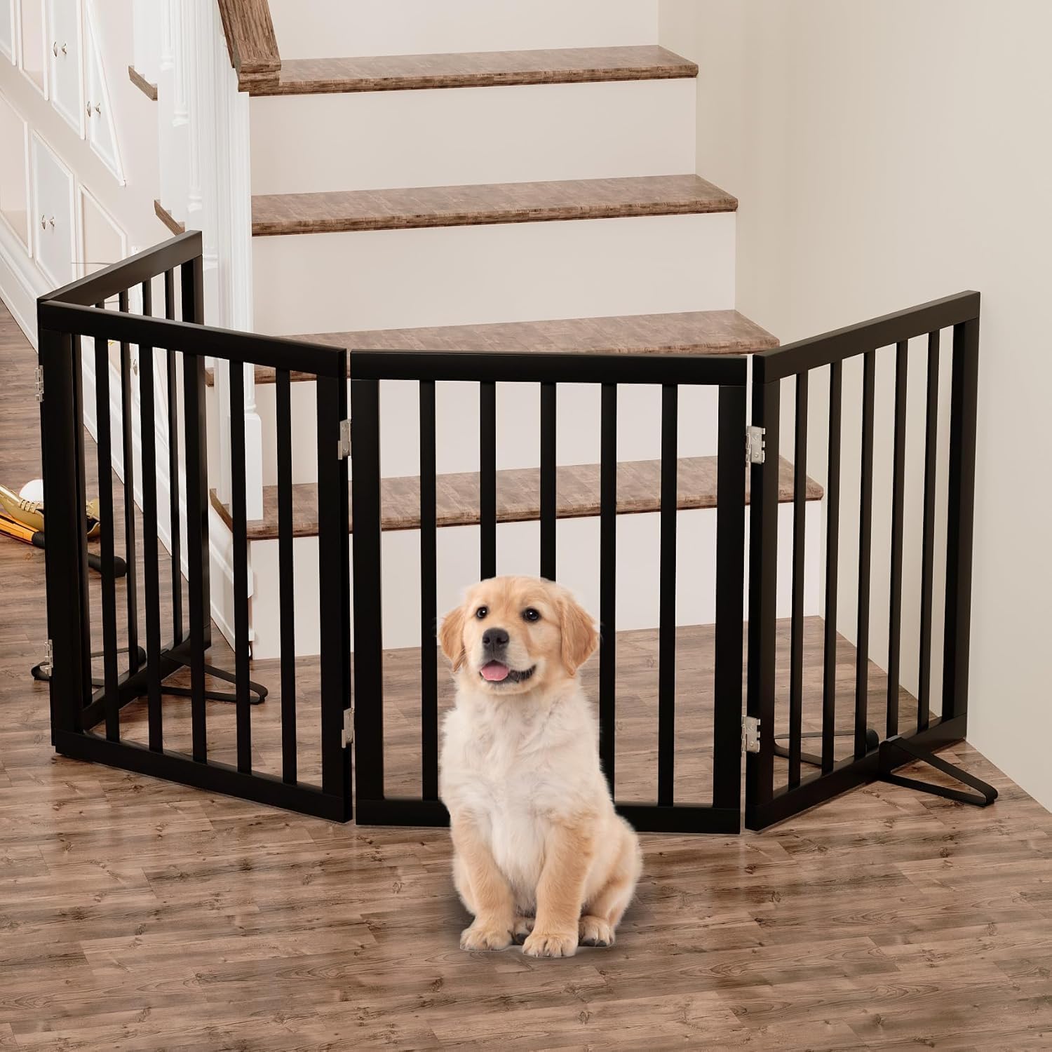 Thumbnail 6 de Hundegitter für Türen – Faltbares Innen-Gatter aus Massivholz, 4 Paneele, mit Metallstützfüßen (Schwarz)