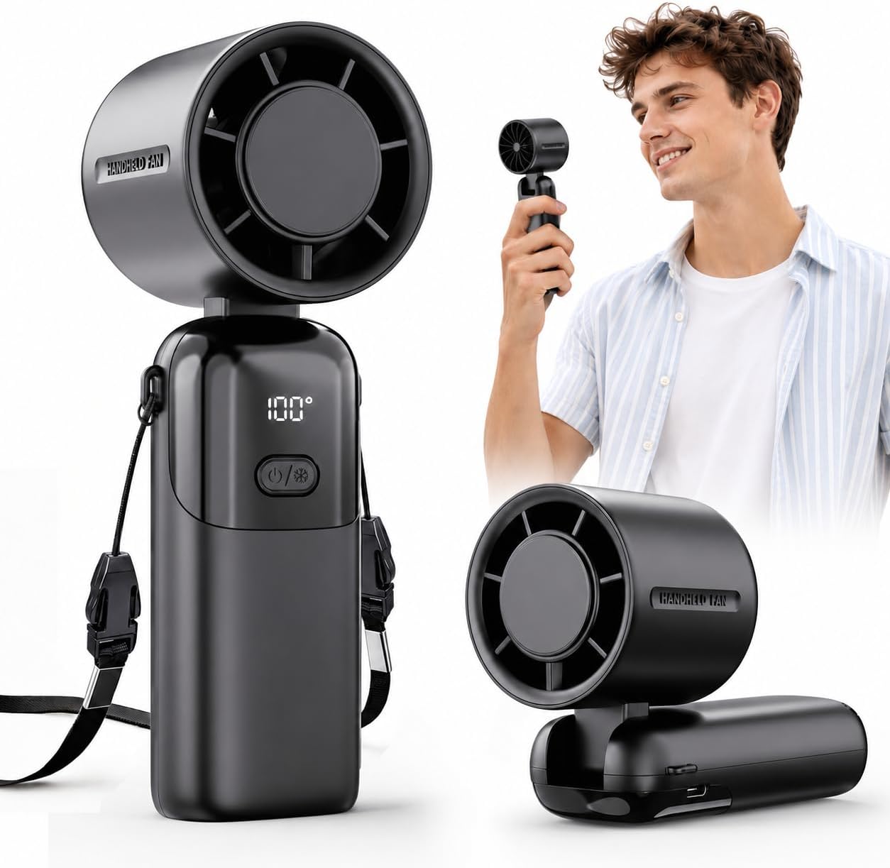 Detalle de 3-in-1 Handheld Fan Portable: 5000mAh Rechargeable Personal Fan with 100-Level Turbo Cooling