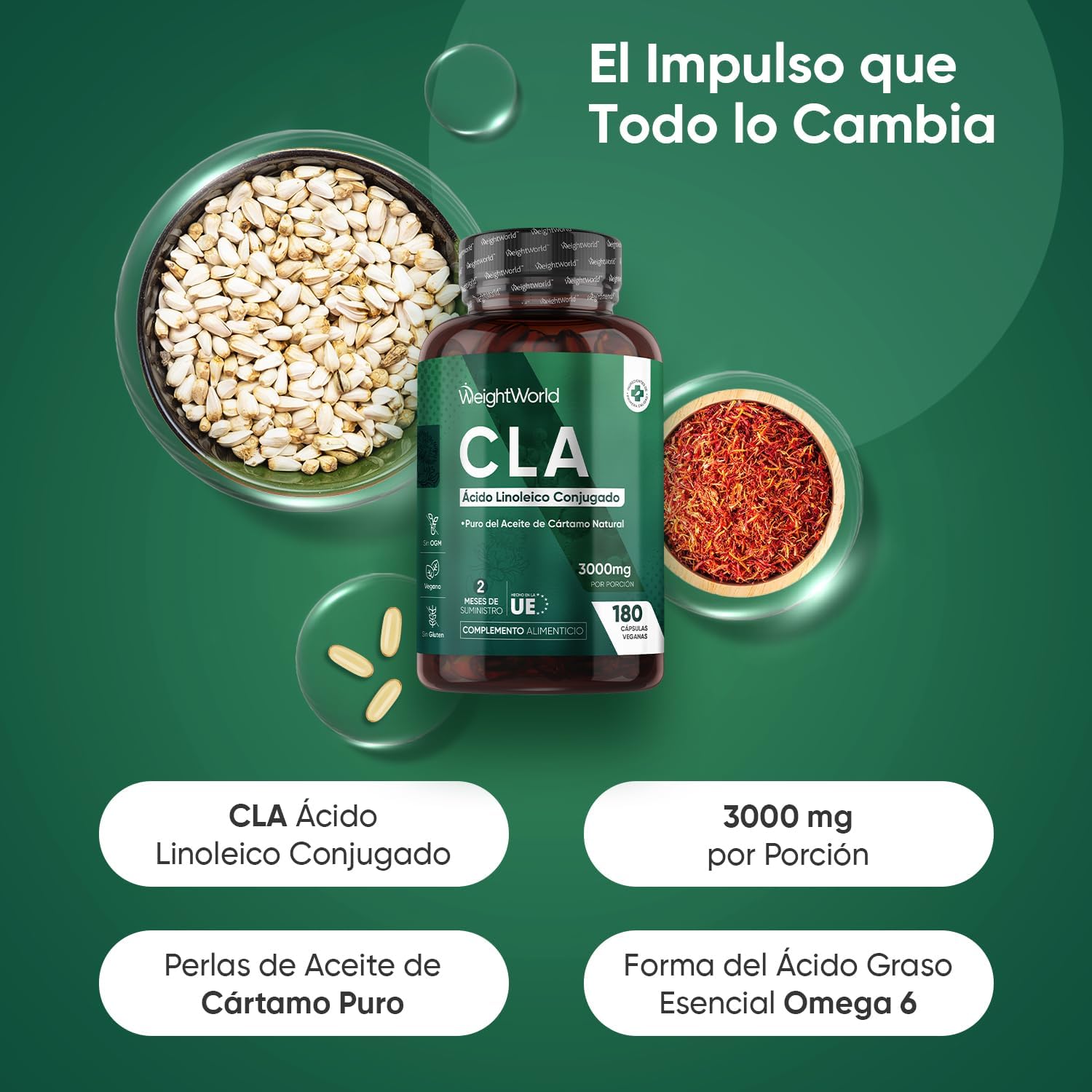 Detalle 2 de CLA Ácido Linoleico Conjugado 3000mg 🌿 Suplemento Keto de Aceite de Cártamo