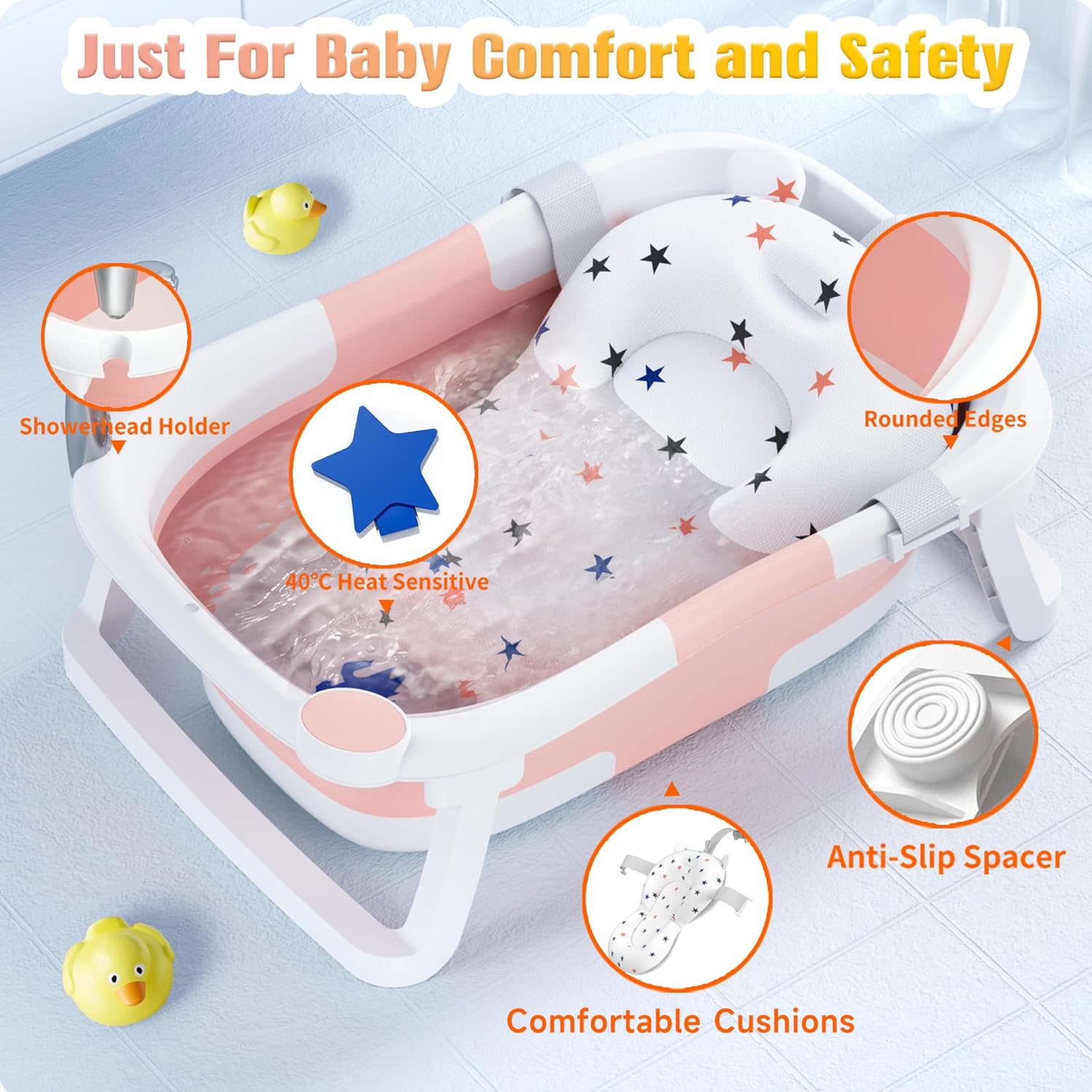 Thumbnail 5 de Rabb 1st Baby Badewanne faltbar für Neugeborene bis Kleinkinder (0–2 Jahre) in Rosa – mit rutschfester Matte und Abflussloch