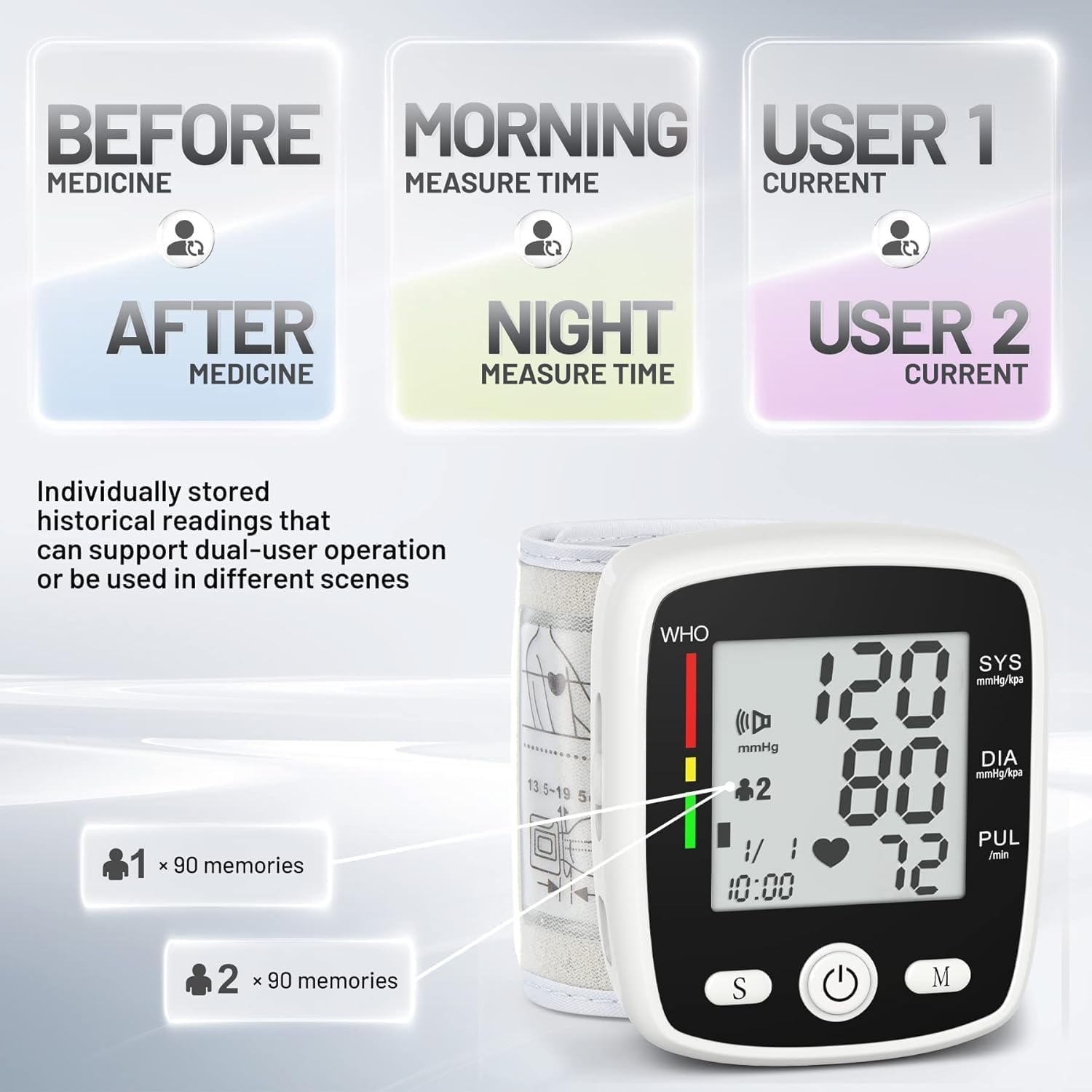 Detalle 2 de MBUPAI CK-W355 Wrist Blood Pressure Monitor, Rechargeable, 5.3–7.7-Inch Cuff