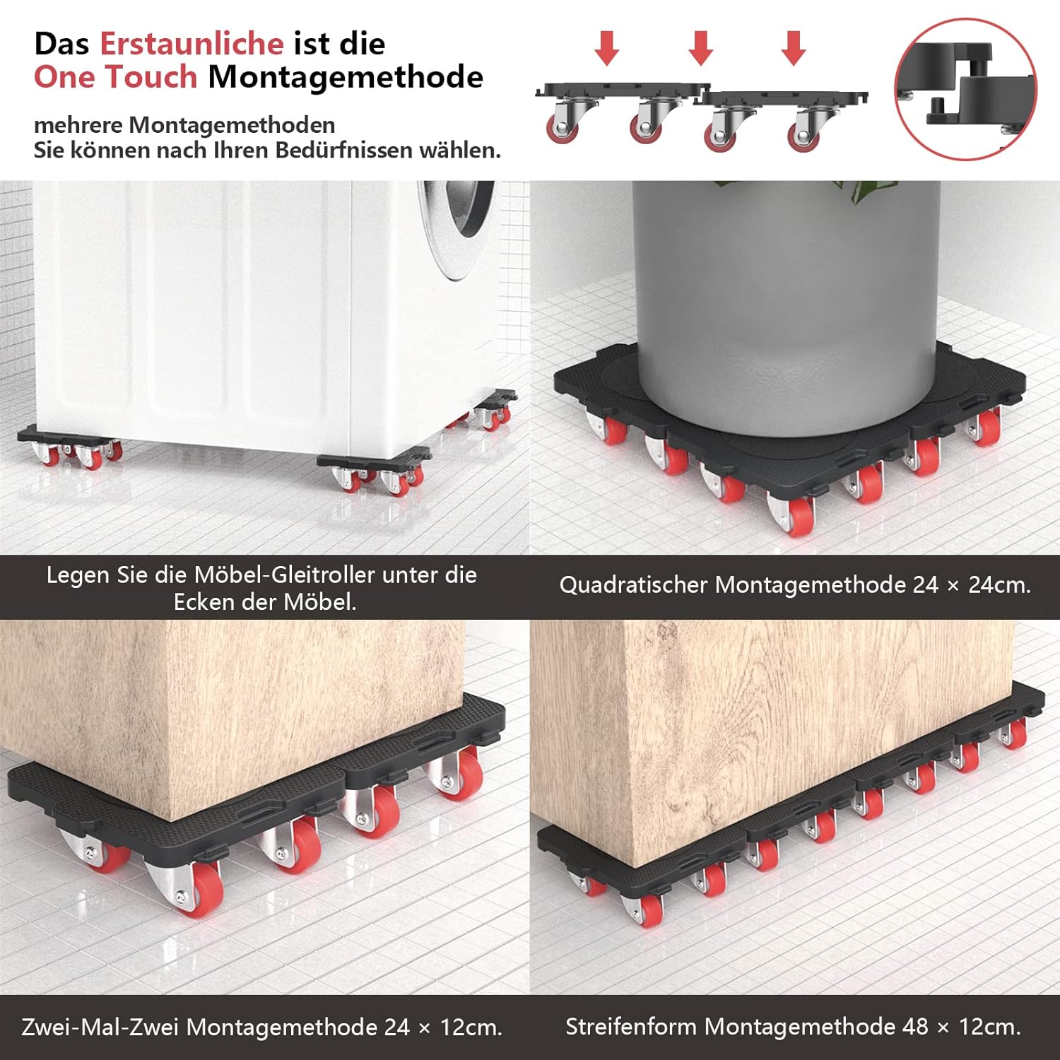 Detalle de ONEON Möbel-Transportrollen-Set mit 360° drehbaren Rädern und ausziehbarem Möbelheber (bis 300 kg)