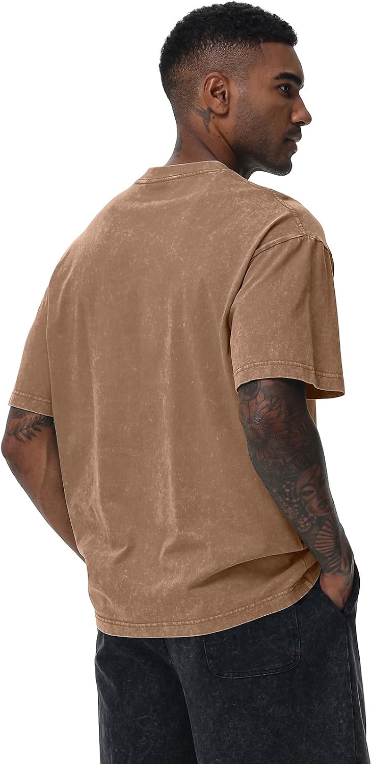 Detalle de SnowElve Men’s Oversized Cotton T-Shirts Loose Fit Vintage Washed Tee (Unisex Short Sleeve)