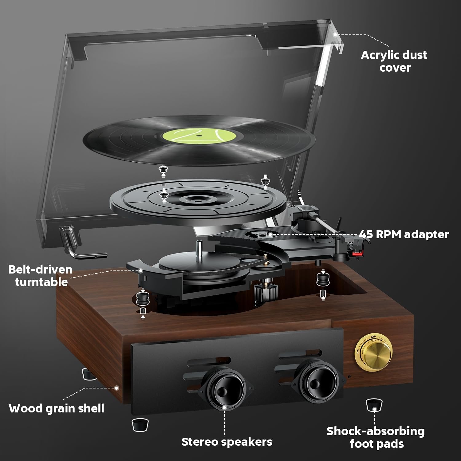 Thumbnail 1 de FYDEE Record Player with Built-in Speakers, Bluetooth and RCA Output (Red Walnut)