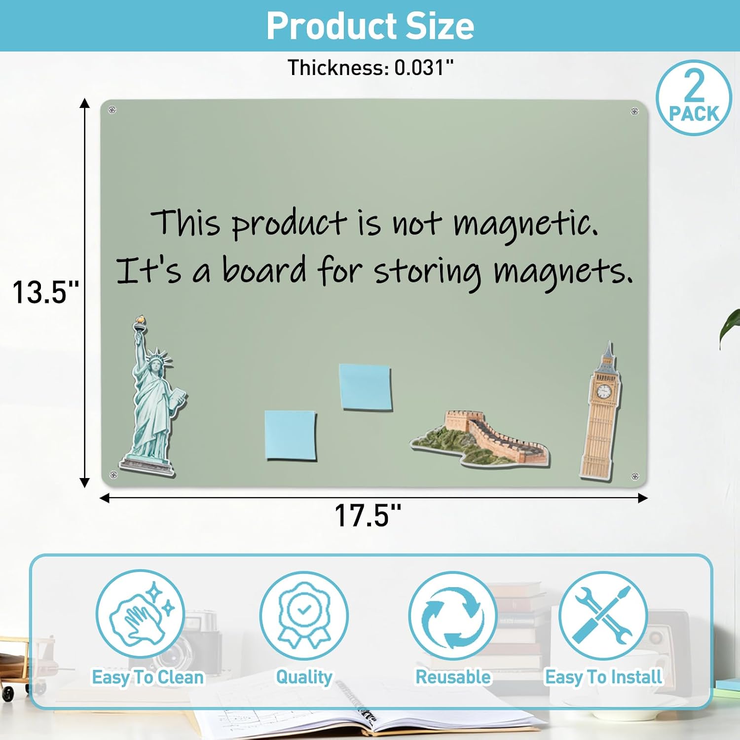 Detalle de MAXECHO 2-Pack Sage Green Magnetic Bulletin Boards, 17.5 x 13.5 in