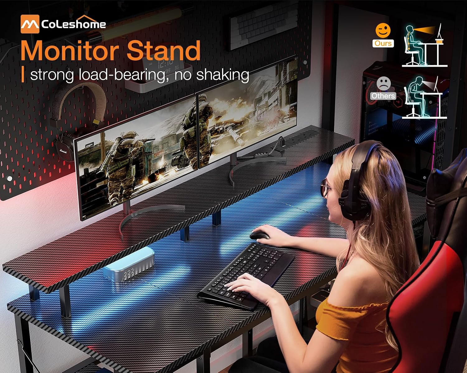 Thumbnail 5 de Coleshome Gaming Desk with LED Lights (120x50 cm): Compact, multi‑functional setup