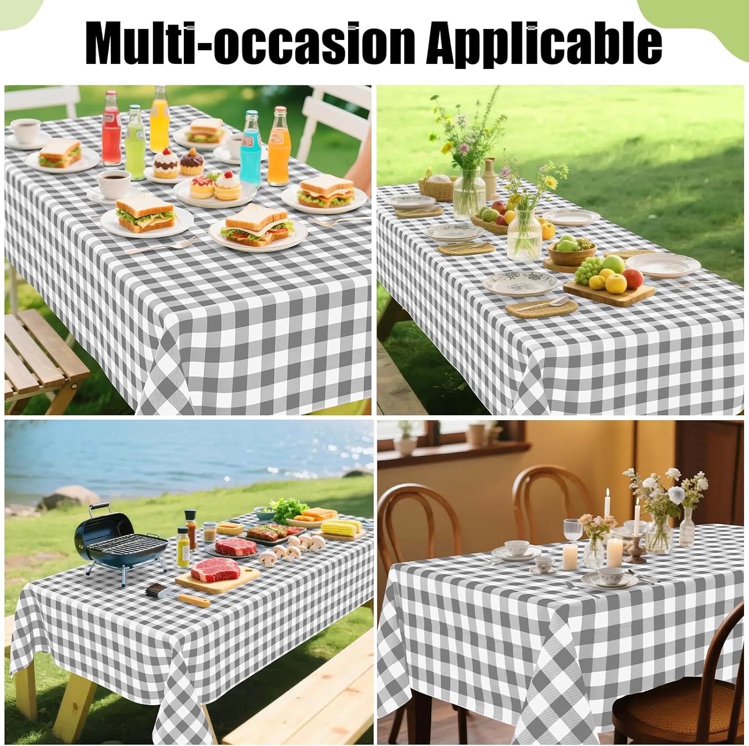 Detalle 2 de Smiry Square Table Cloth, 54x54, Waterproof Vinyl with Flannel Backing in Grey & White Buffalo Plaid