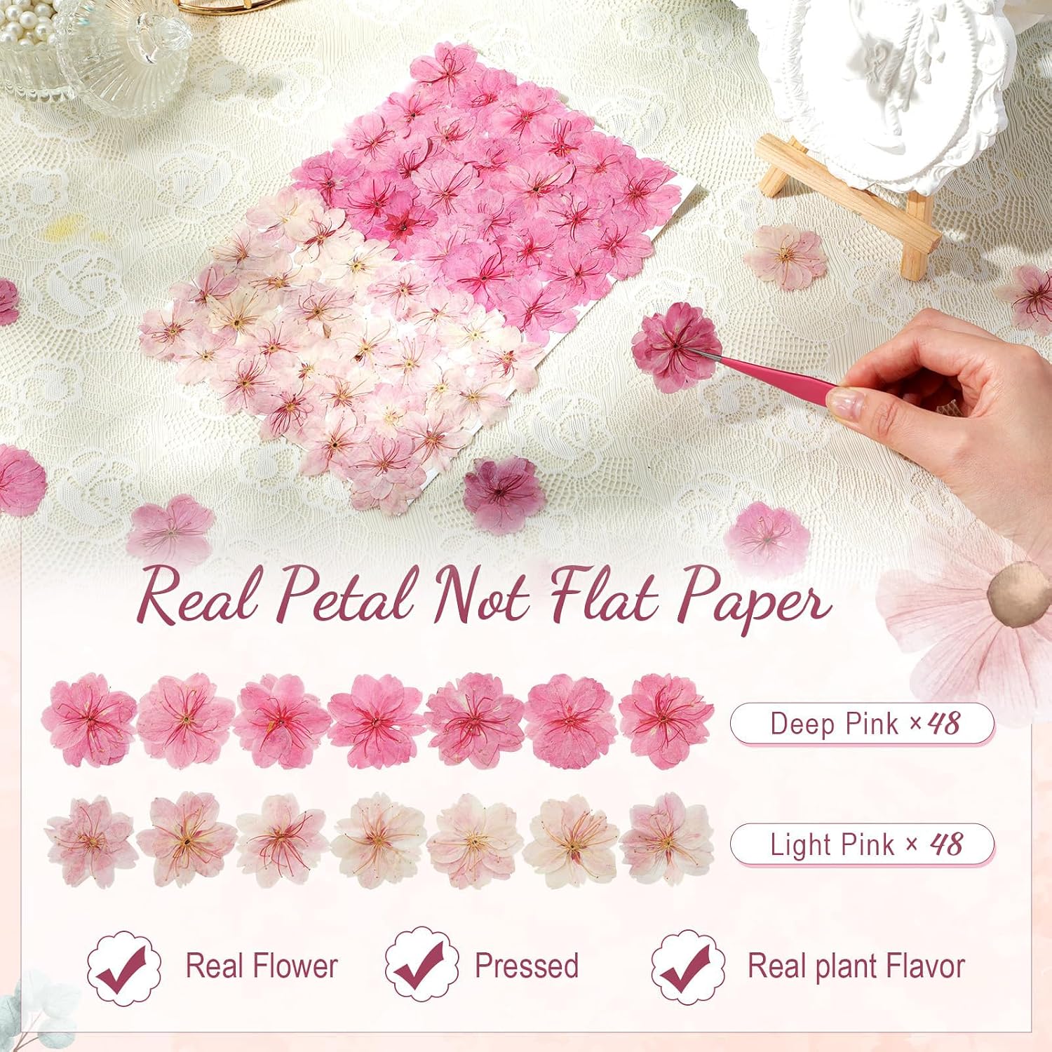 Detalle 2 de Celblisora 96 Stück Rosafarbene Natürlich Getrocknete, Gepresste, Essbare Blumen – für Kuchendekoration, Cupcake-Topper und DIY-Kunsthandwerk