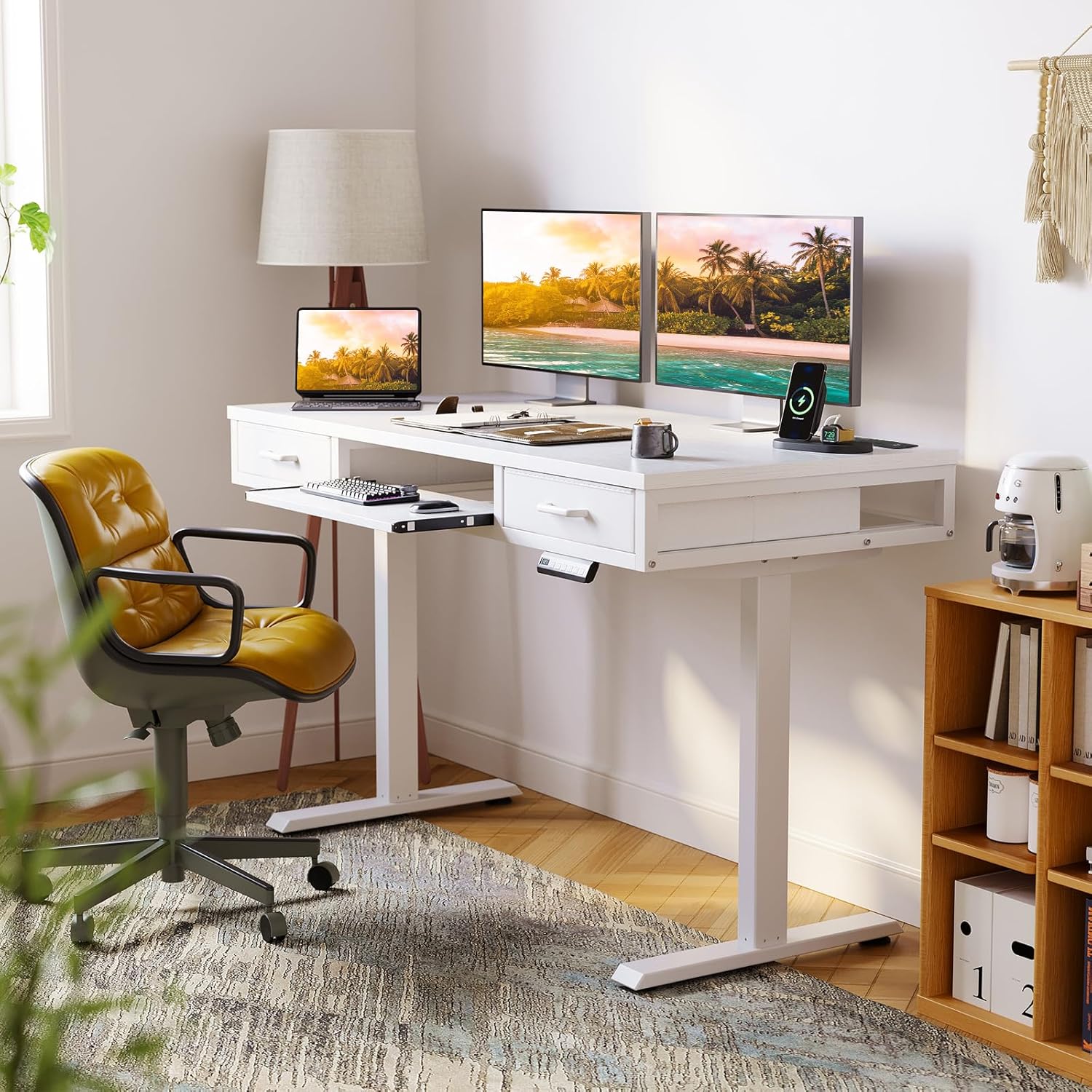 Detalle de OffiGo Height Adjustable Desk with Double Drawers – 140 cm Electric Sit-Stand Desk with Keyboard Tray and Power Sockets