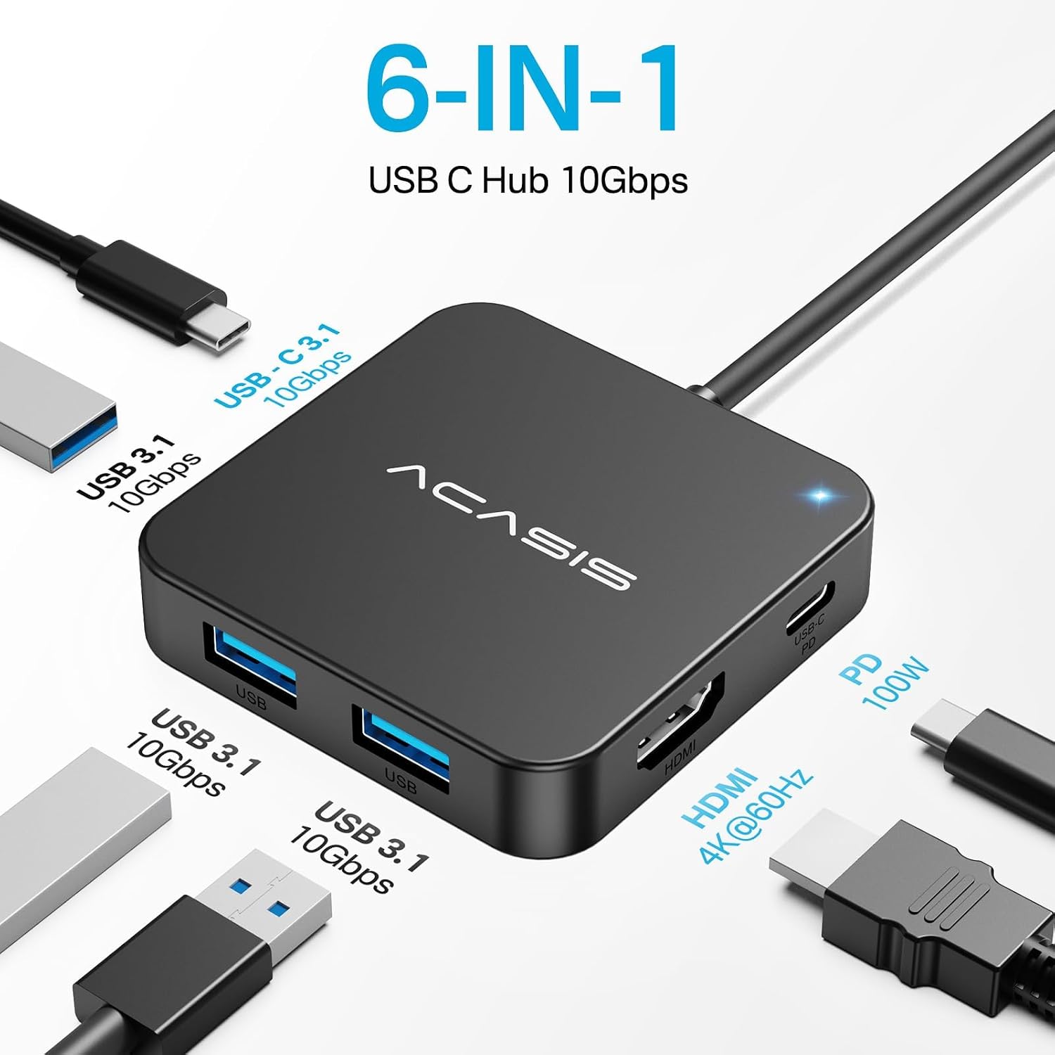 Detalle 2 de ACASIS AC-HC31-A 6-in-1 USB-C Hub with 10Gbps, 4K 60Hz HDMI and 100W PD