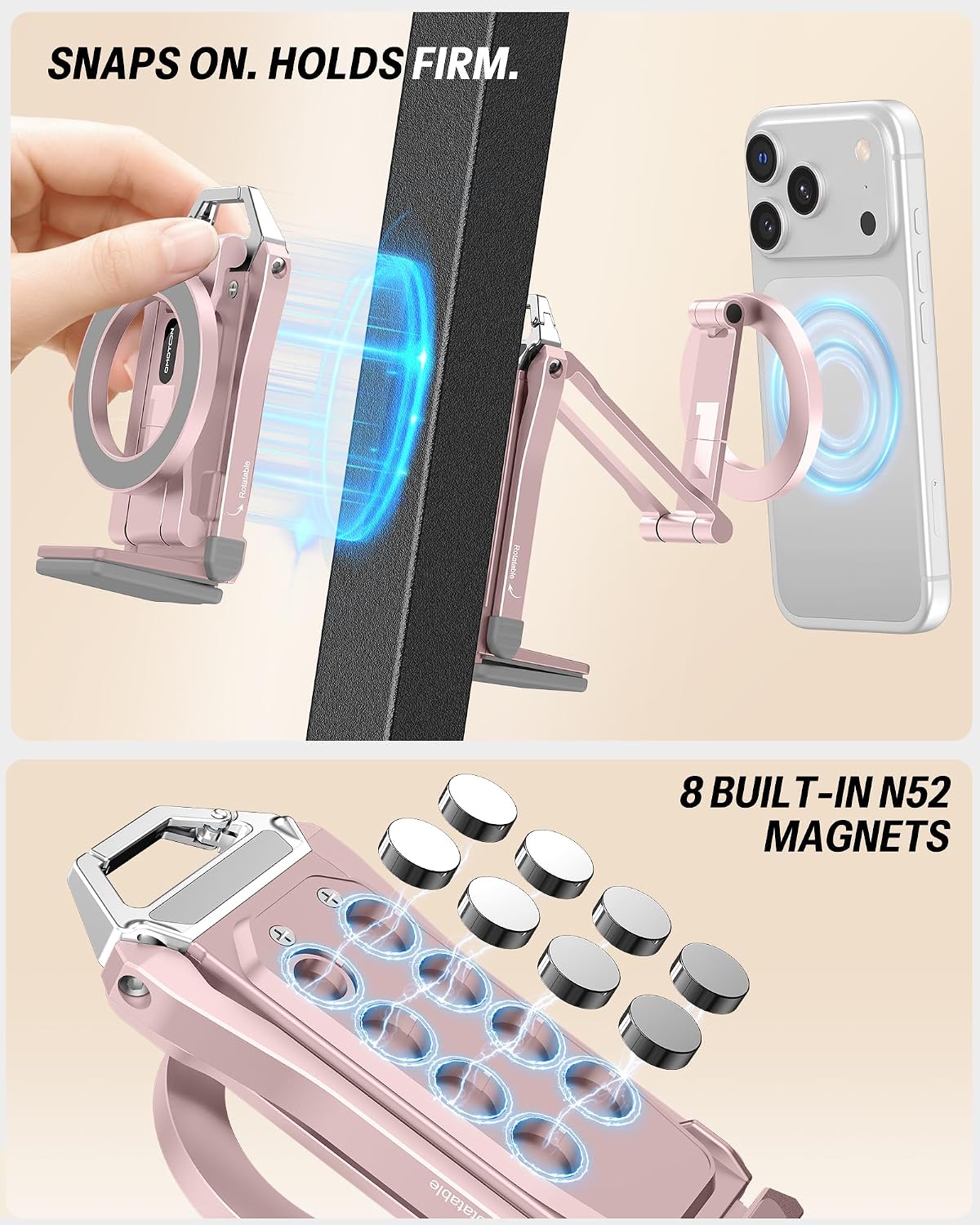 Detalle de OMOTON TP02-Pink-US Magnetic Phone Tripod, Pink, 360° Rotation, Foldable