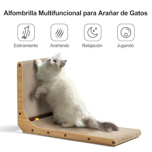 Thumbnail 1 de FUKUMARU rascador para gatos en forma de L de 68 cm (cartón con alfombrillas rascadoras y pelota)
