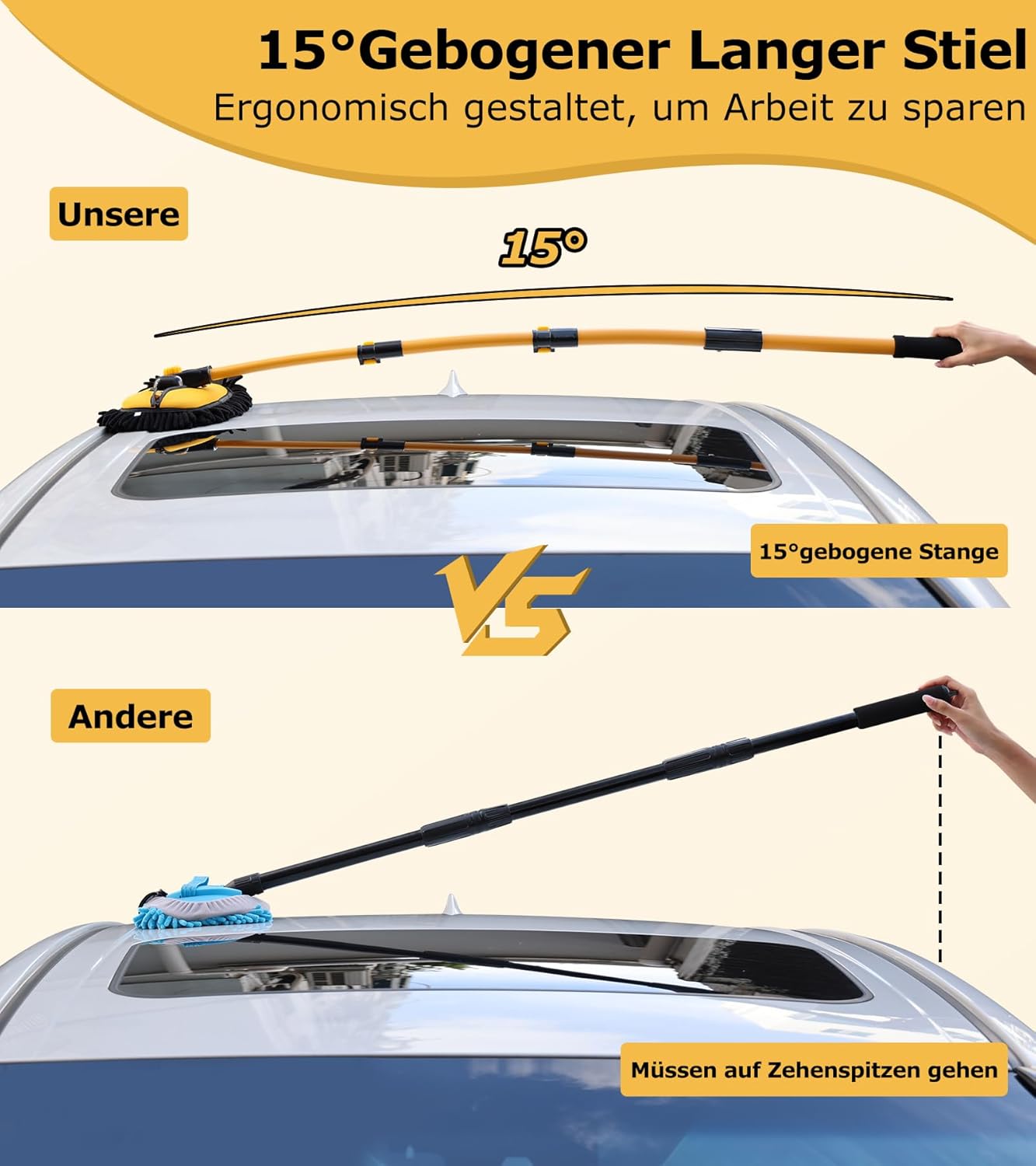 Thumbnail 2 de anngrowy 15° Bogen Autowaschbürste mit Stiel (144 cm) – Teleskop-Waschbürste mit 2 Mop-Köpfen