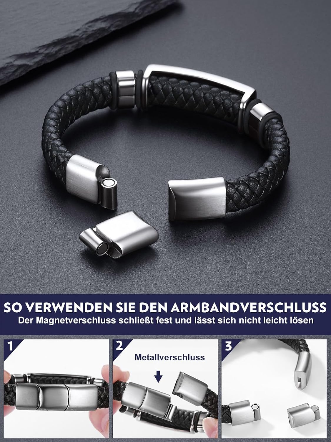 Detalle de Bandmax Herren-Lederarmband „Mjölnir/Totenkopf/Freimaurerei“ mit Magnetverschluss – personalisierbares Wikinger-Armband