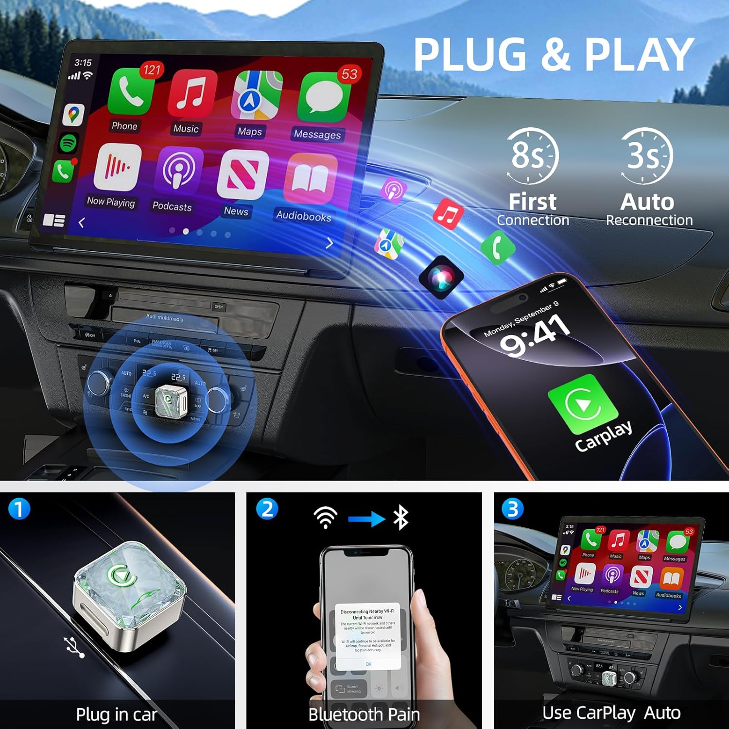 Detalle de Wireless Apple CarPlay Adapter (5.8G, Quad-Core, Plug & Play) — No-Lag CarPlay Receiver