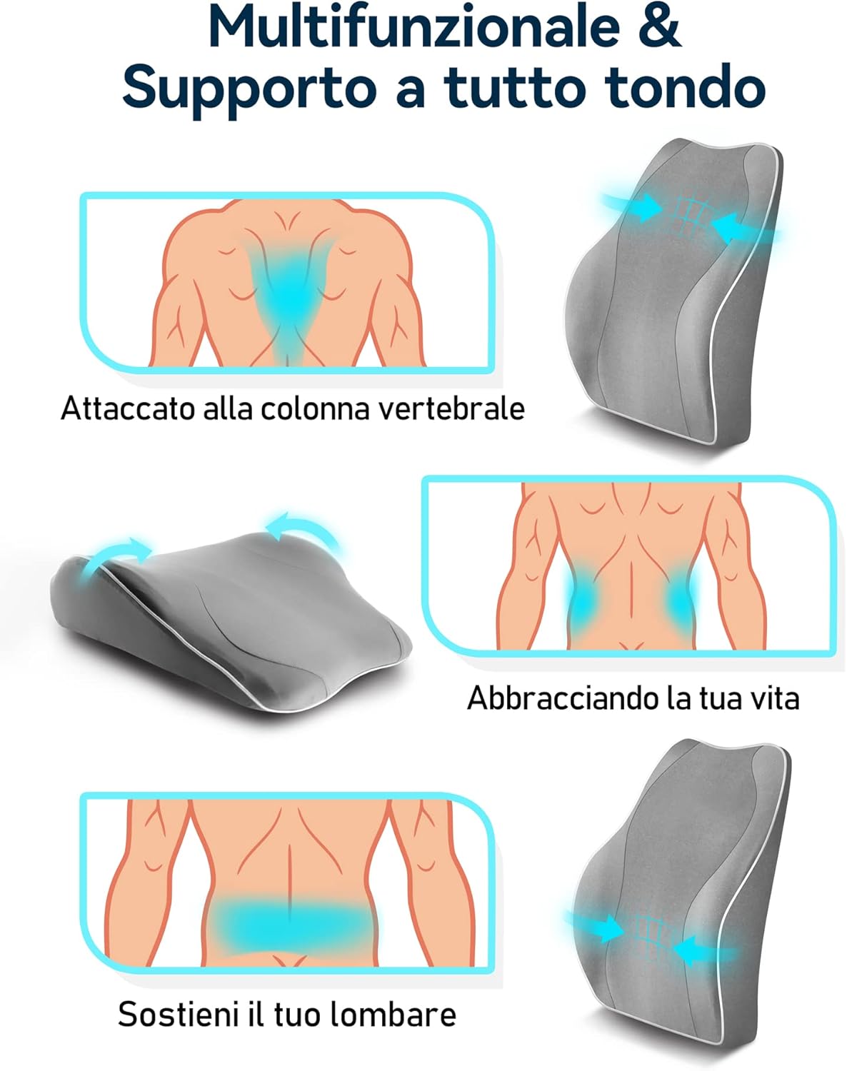 Detalle 2 de Travel Ease Cuscino Lombare Ergonomico in Schiuma di Memoria con doppie cinghie regolabili (grigio)
