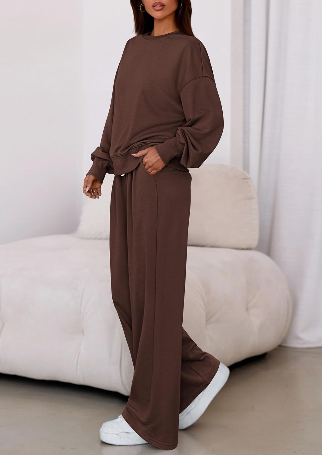 Detalle 2 de PRETTYGARDEN PR1122 Two-Piece Lounge Set with Crew-Neck Top and Wide-Leg Pants