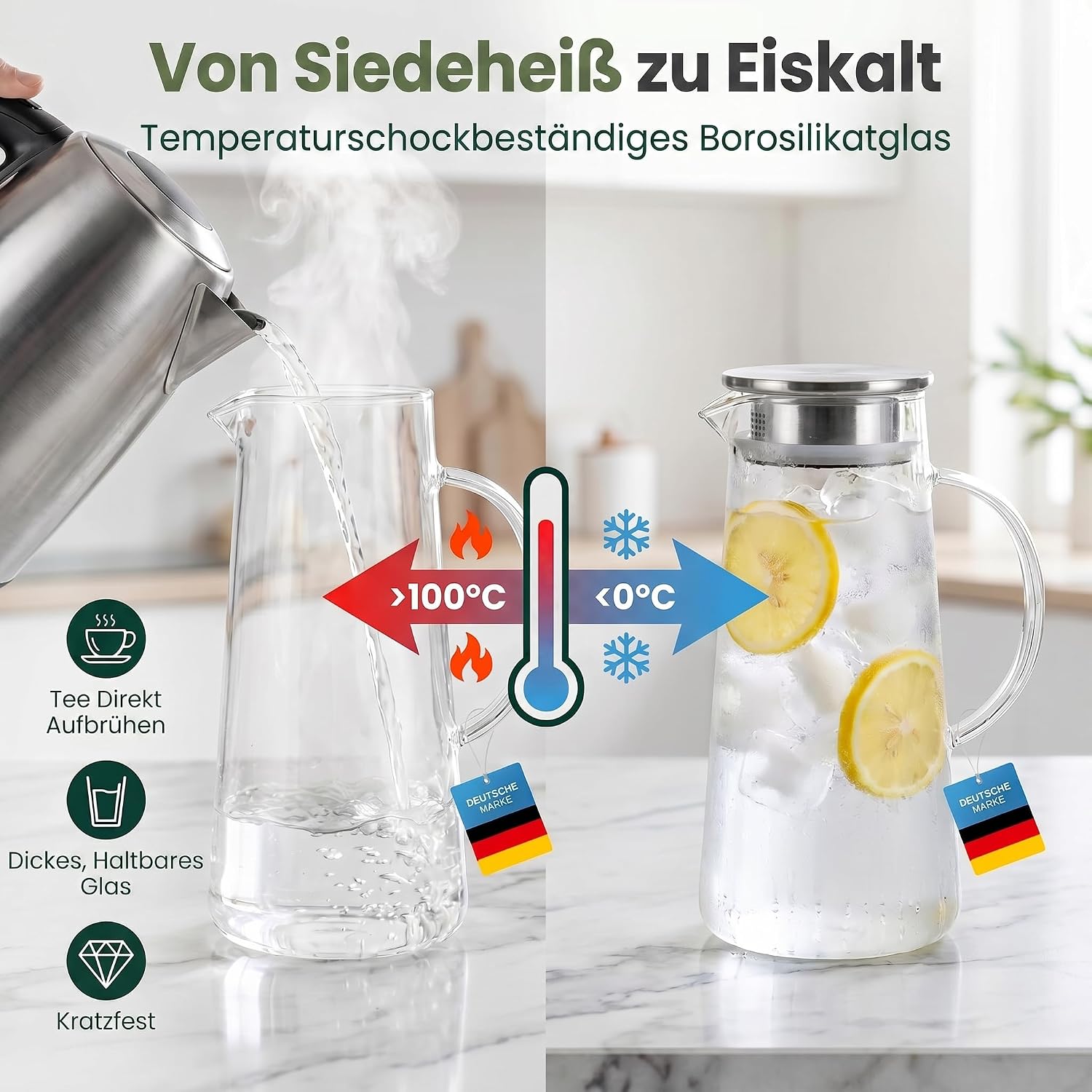Thumbnail 2 de Dimono Glass Water Jug, 1.5L Borosilicate Carafe with Stainless Steel Filter