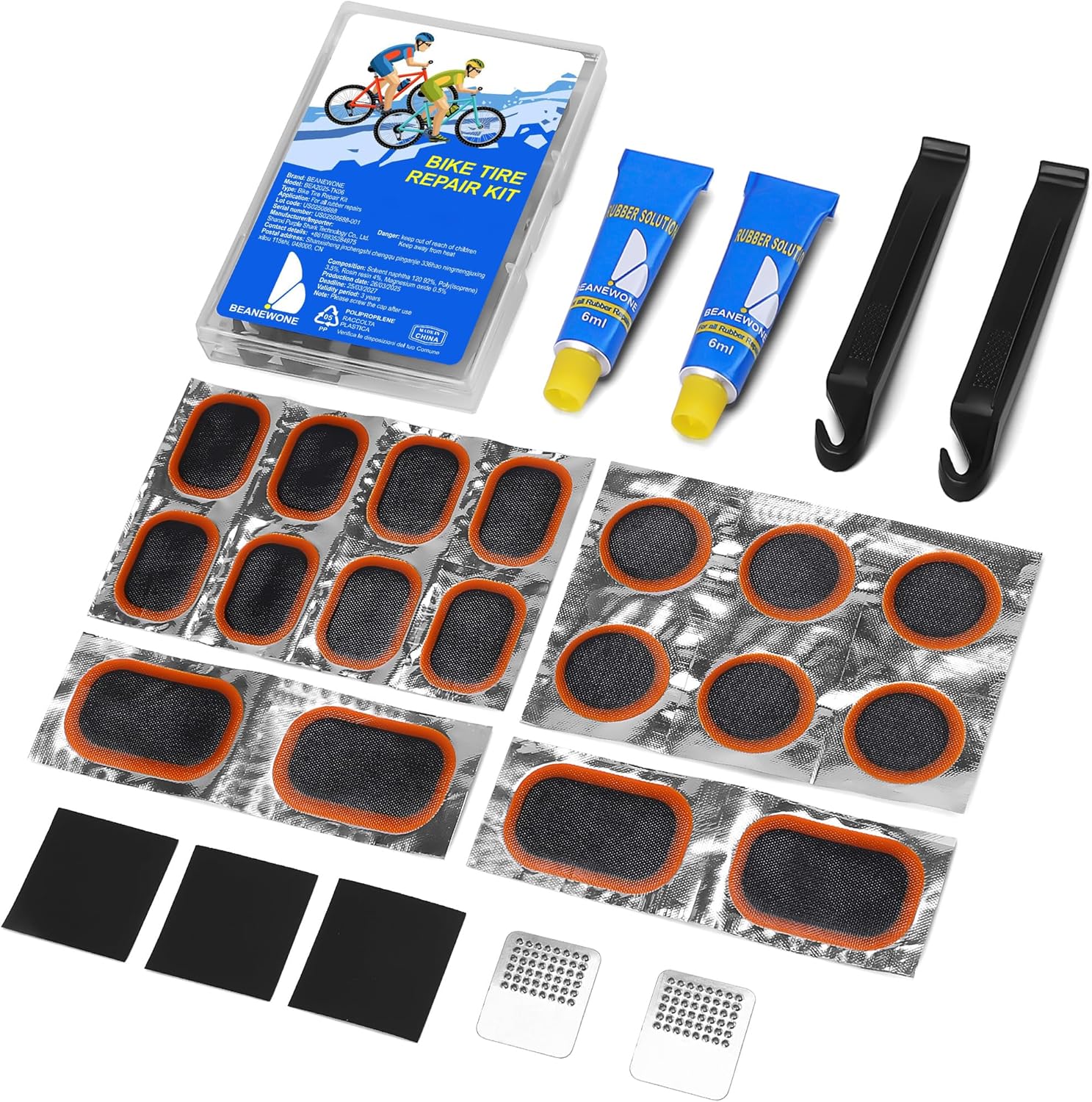 Detalle de Beanewone Puncture Repair Kit – Portable Bike Tyre Kit with 18 Patches, 2 Rubber Solutions, Levers and Rasp