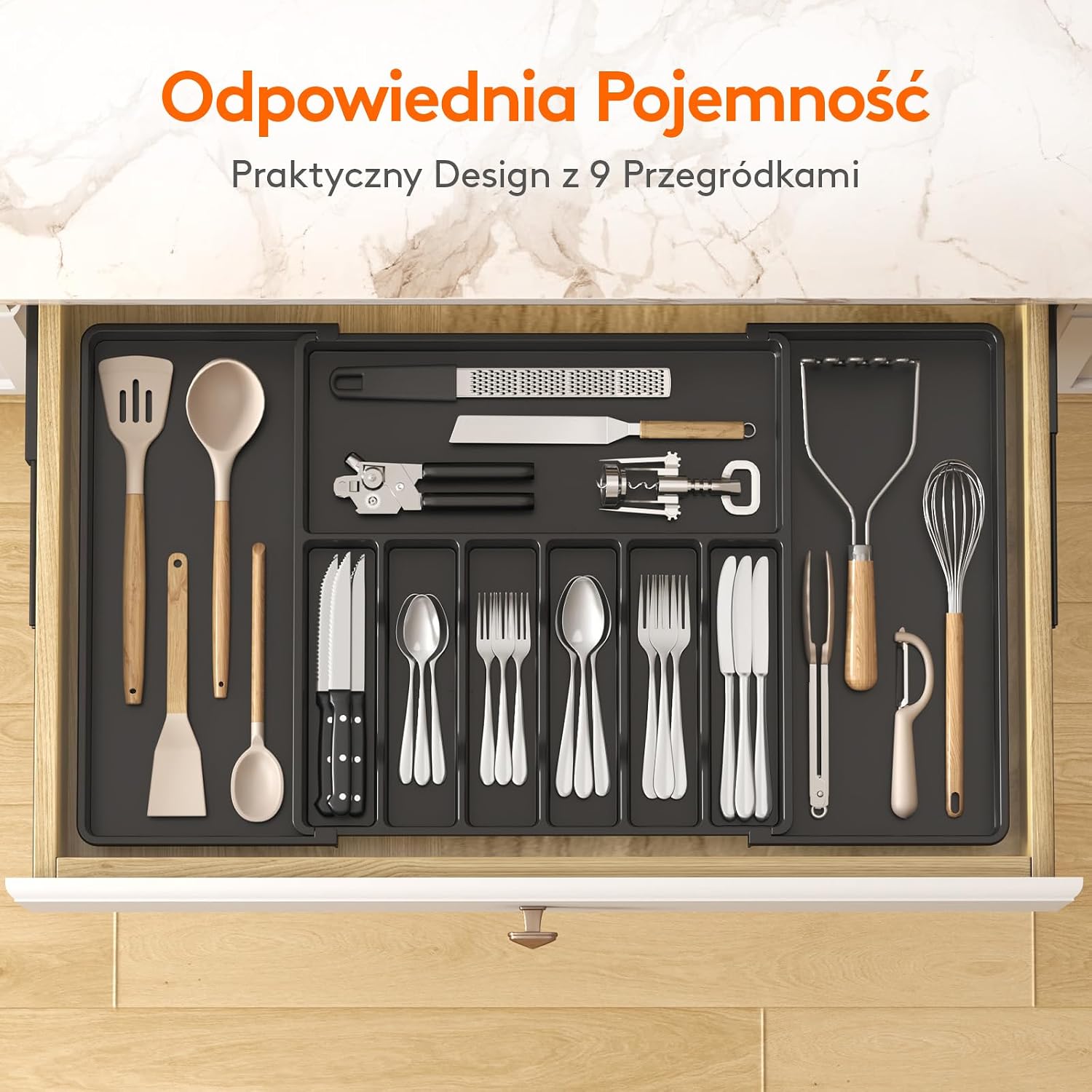 Detalle de Lifewit 22063 organizer na sztućce do szuflady, regulowany, 9 przegródek