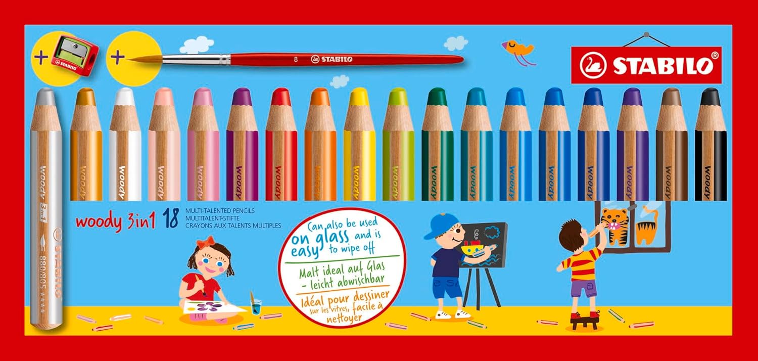 Detalle de STABILO woody 3 in 1 – Buntstift, Wasserfarbe & Wachsmalkreide im 18er Pack mit Spitzer und Pinsel