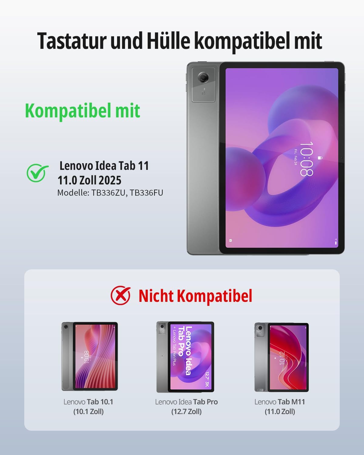 Detalle 2 de EasyAcc Tastatur Hülle für Lenovo Idea Tab 11 Zoll Tablet 2025 (TB-336ZU/TB-336FU) – German QWERTZ Tastatur mit Stifthalter, Schutzfolie, Schwarz