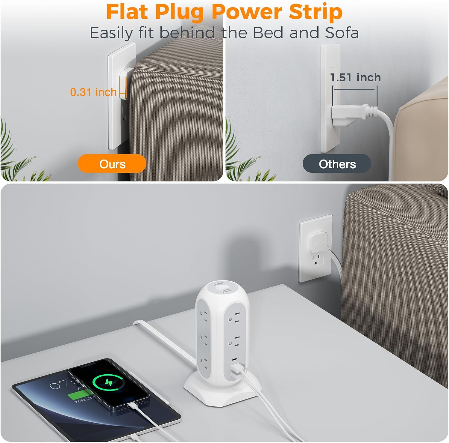 Detalle de TESSAN TPS02-US Tower Power Strip, 11 Outlets, 3 USB Ports, 1050J