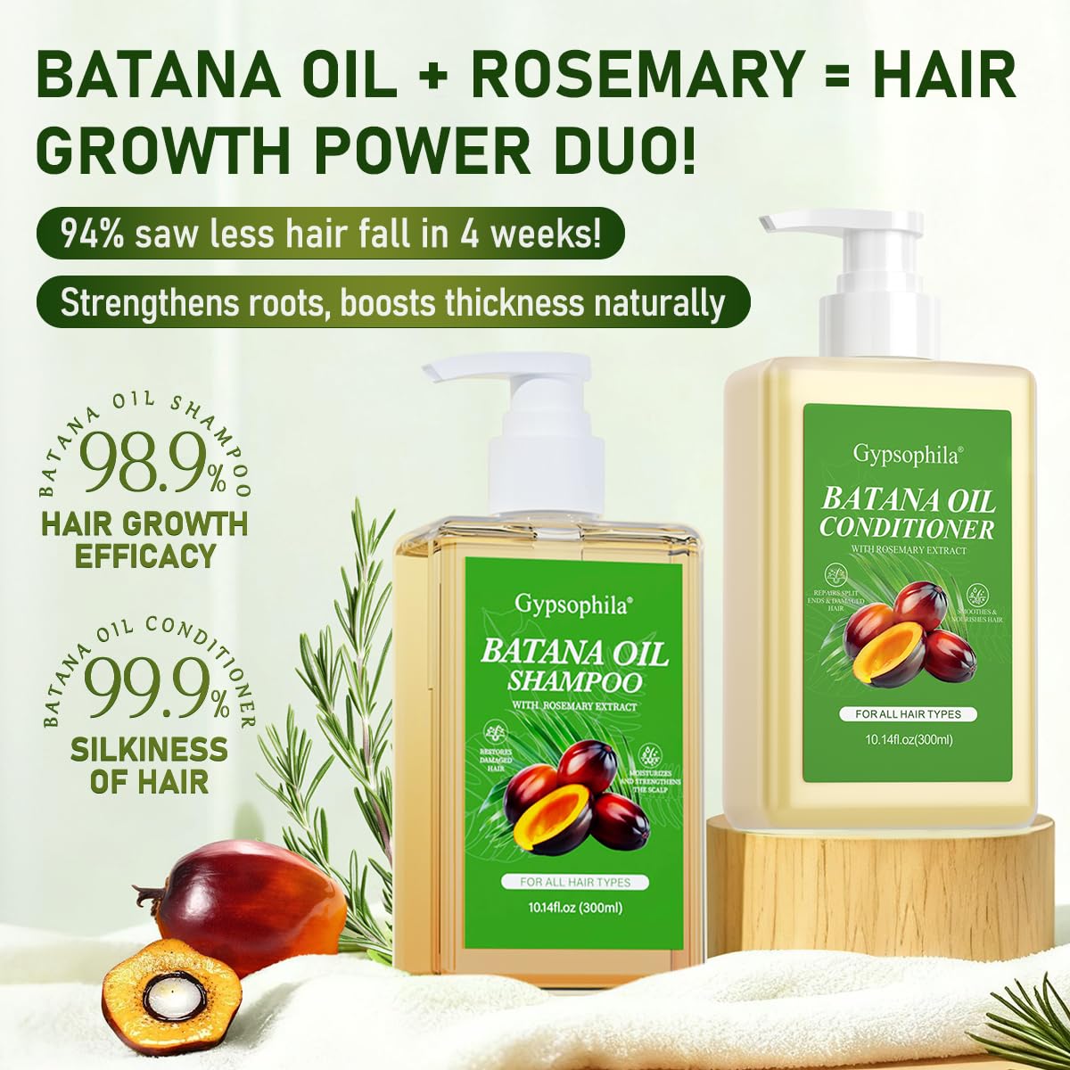Detalle de Gypsophila Batana Oil Shampoo and Conditioner (Sulfate-Free) for Hair Growth, Hair Loss Support, and Frizz Control