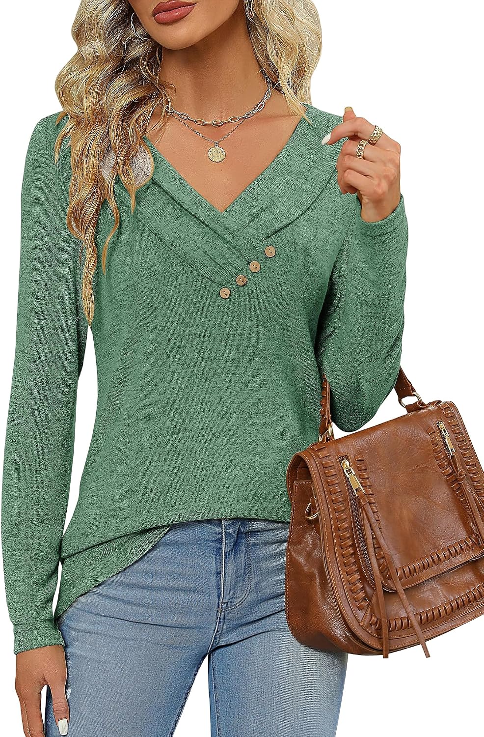 Detalle 2 de Cuptacc Damen Pullover Langarmshirt V-Ausschnitt Top mit Knopfleiste