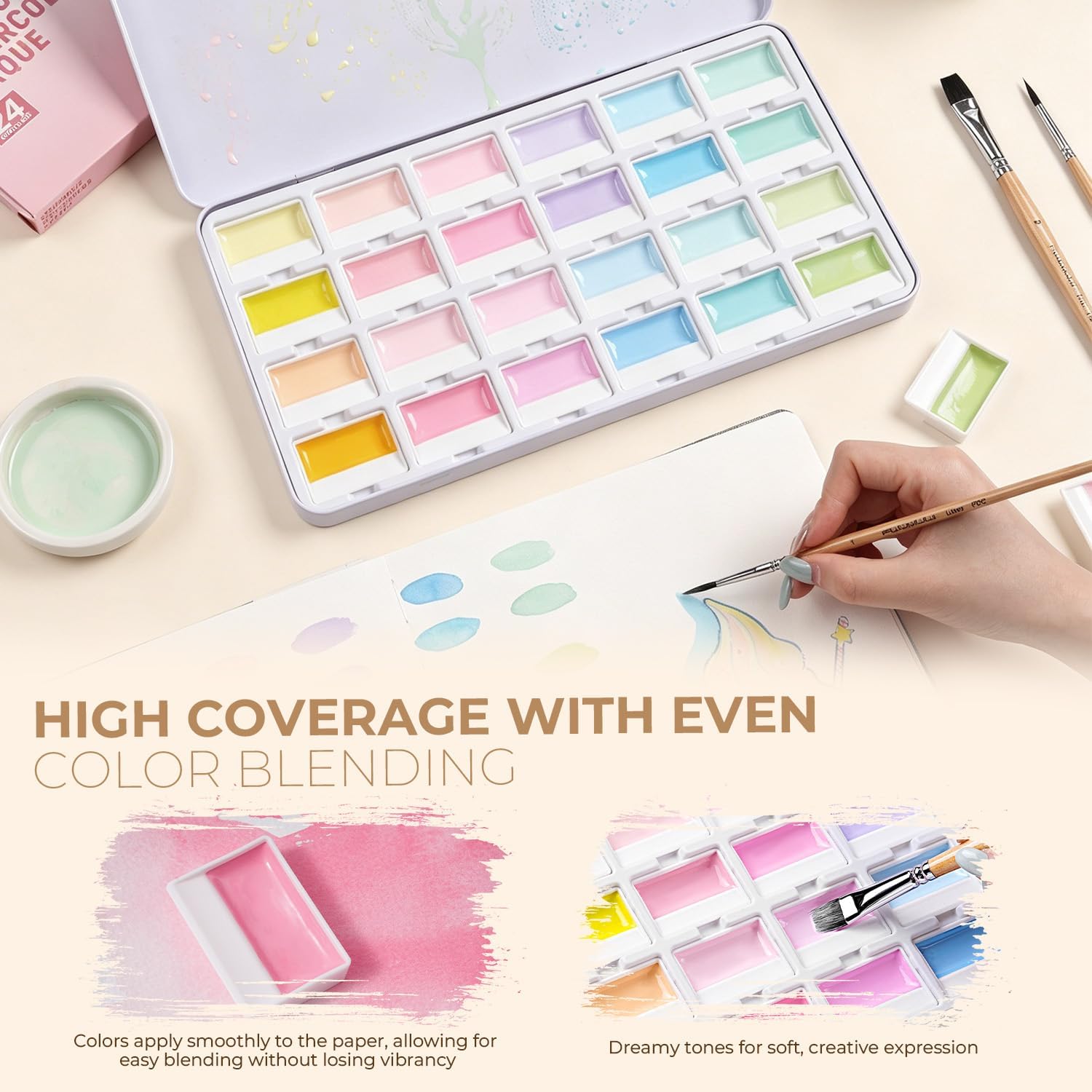 Detalle de Fuumuui CREAMORA 24-Color Opaque Semi-Solid Watercolor Paint Set