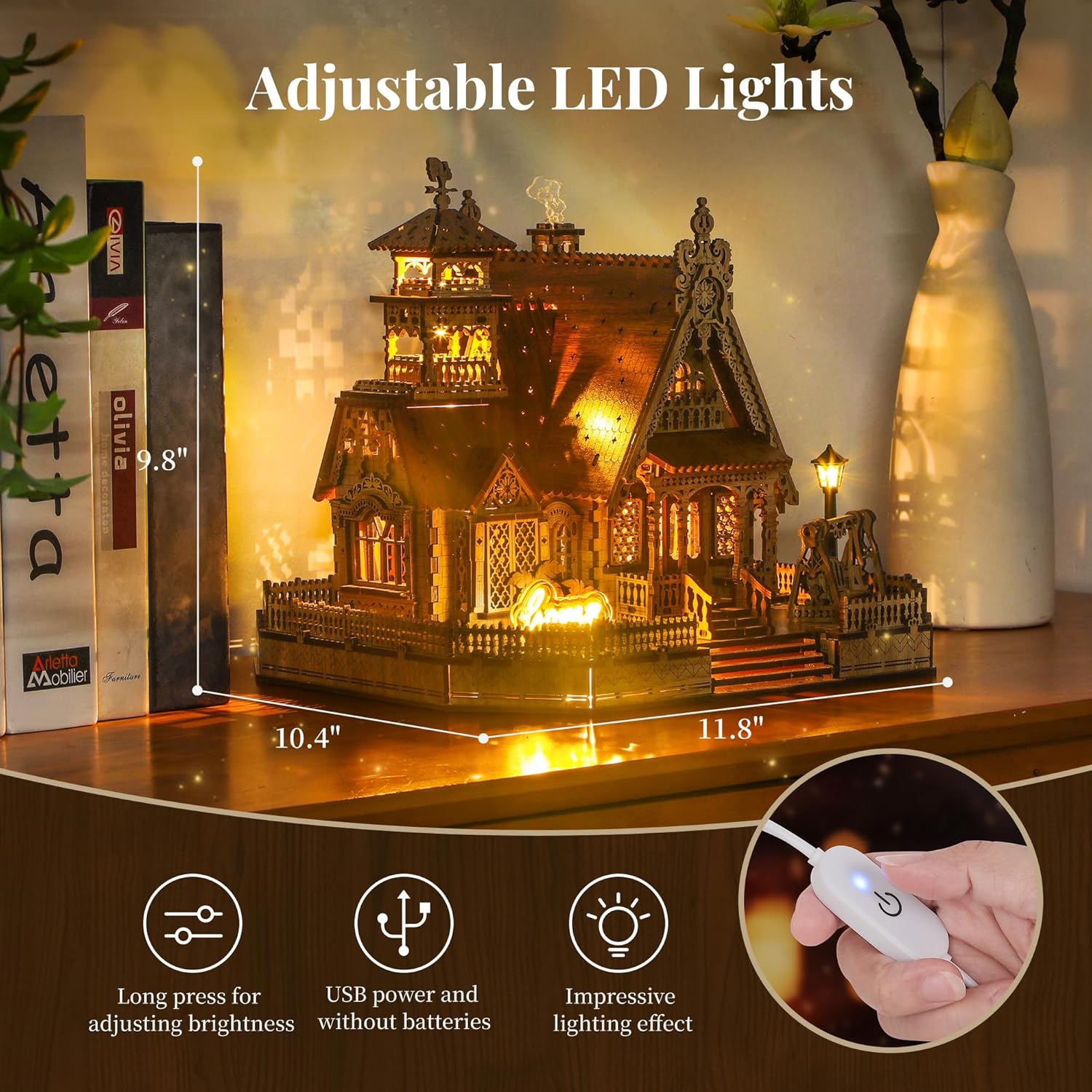 Thumbnail 4 de FUNPOLA 3D Wood Puzzle Countryside Cottage DIY Miniature Building Kit with Spark LED Lights (251 Pieces)