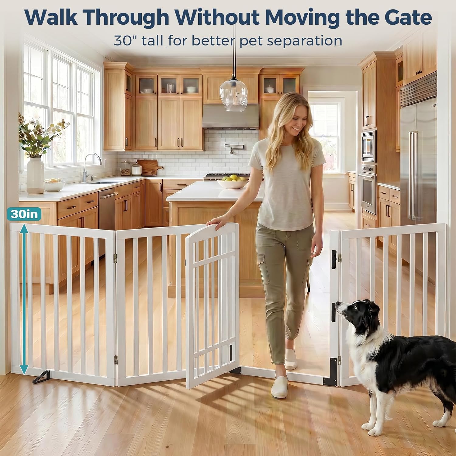 Detalle de Homykic HK-ZWL4P-30IN-WH Bamboo Dog Gate with Door, 30-Inch, White
