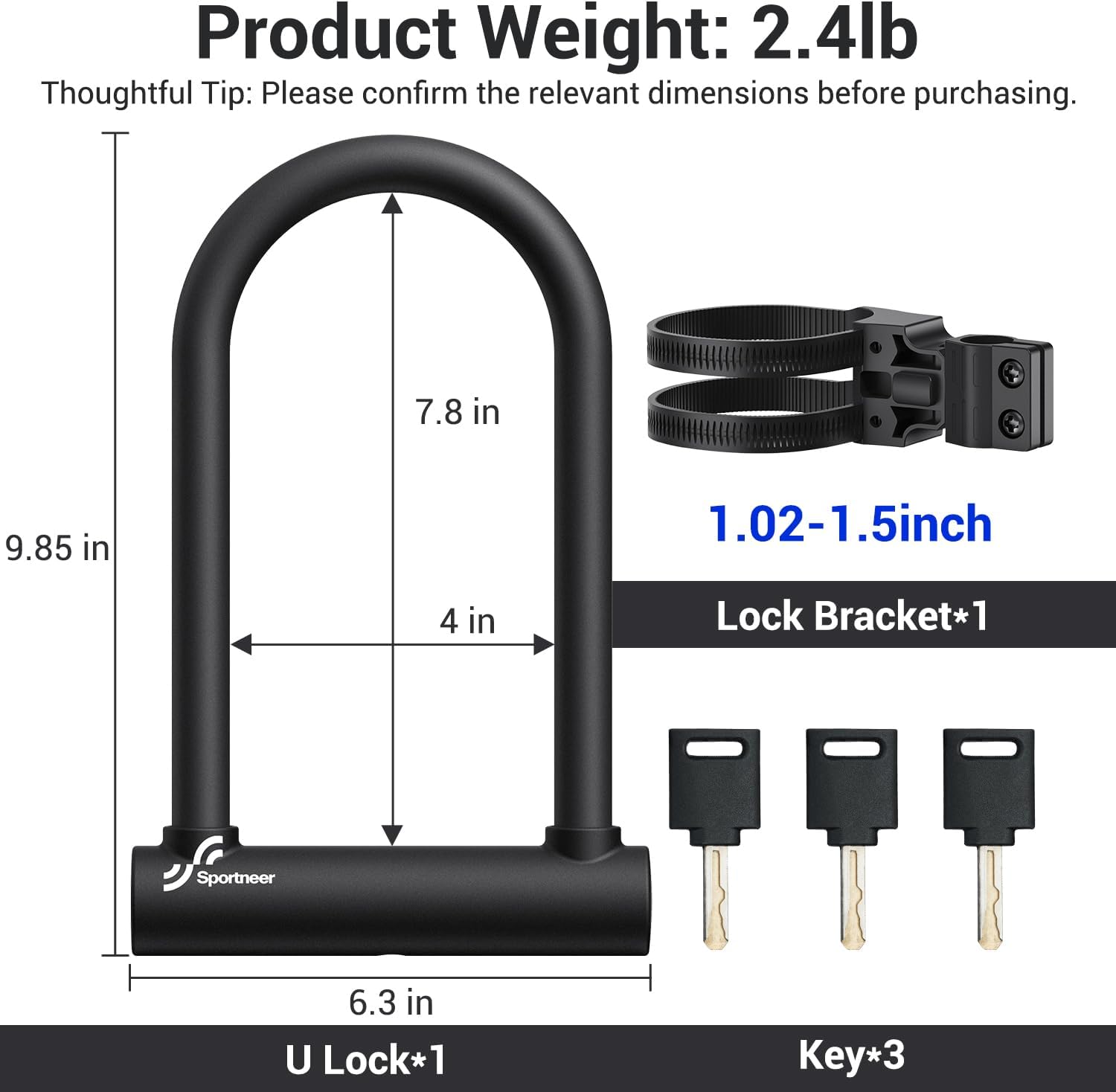 Detalle de Sportneer 18mm Heavy Duty Bike U Lock with Adjustable Mounting Bracket